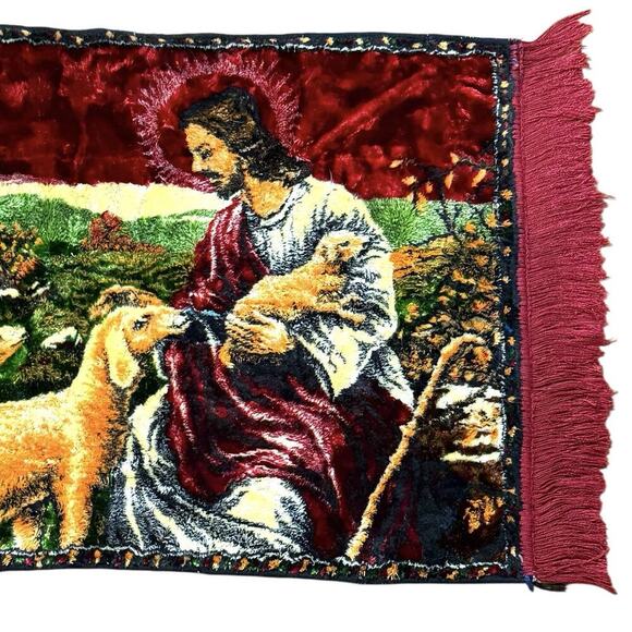VTG 1970s Jesus The Good Shepherd Christian Tapestry Rug Wall Hanging 43”x 20” - Picture 12 of 16